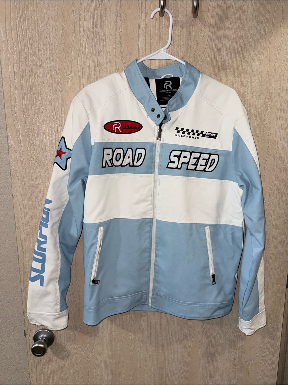 Men's Two-Tone Light Blue & White Racing Jacket - Picture 1 of 4